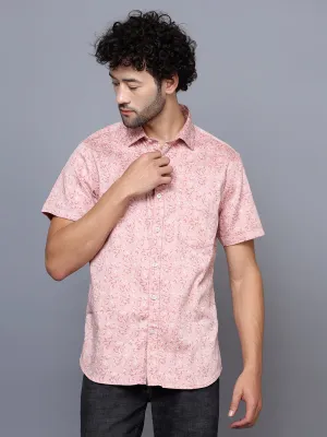 Cantabil Cotton Blend Printed Pink Half Sleeve Casual Shirt for Men with Pocket