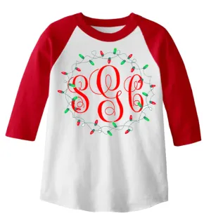 Christmas Lights Monogram - Red/White Raglan