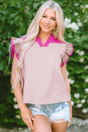 Colorblock Ruffled Sleeve Frill V Neck Blouse