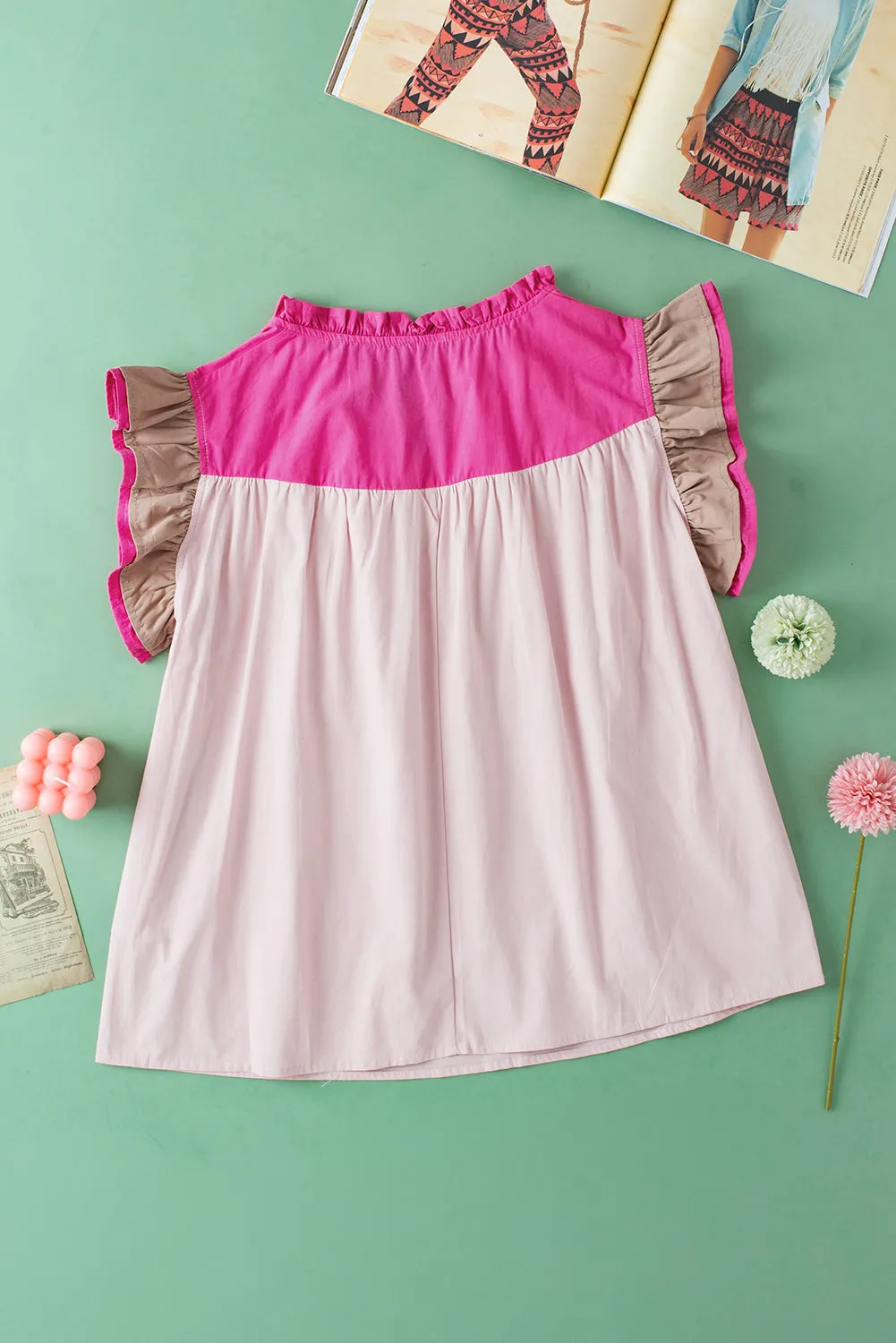 Colorblock Ruffled Sleeve Frill V Neck Blouse