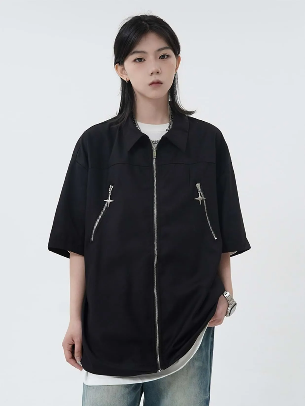 Elbow-Sleeve Oversized Zip Top