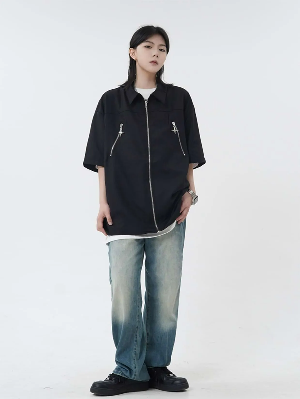 Elbow-Sleeve Oversized Zip Top