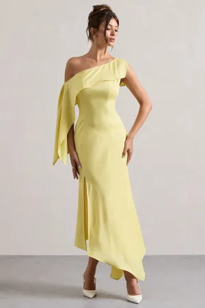 Freesia | Lemon Satin Asymmetric Draped Split Maxi Dress