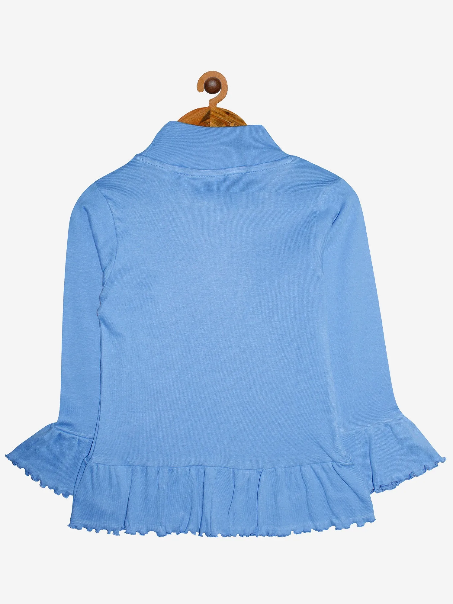 Girls Full Sleeve High Neck Rib Knit Tee With Frill Hem