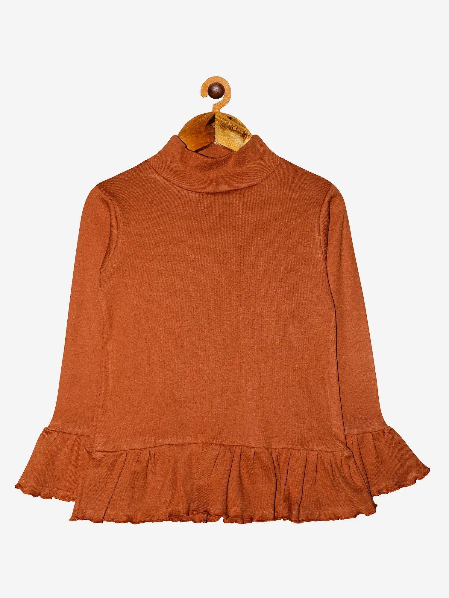 Girls Full Sleeve High Neck Rib Knit Tee With Frill Hem