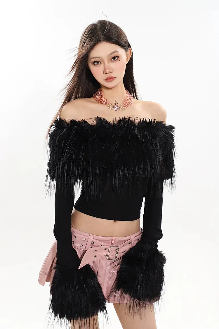 Off-Shoulder Faux Feather Fringe Knit Top