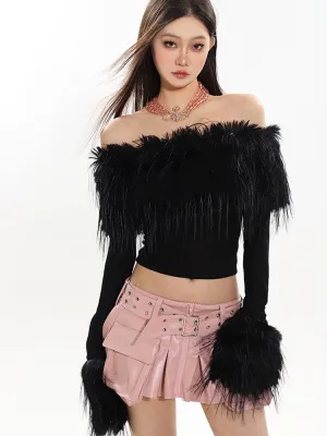 Off-Shoulder Faux Feather Fringe Knit Top